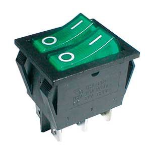 Přepínač kolébkový 2x(2pol./3pin) ON-OFF 250V/15A pros. zelený TIPA